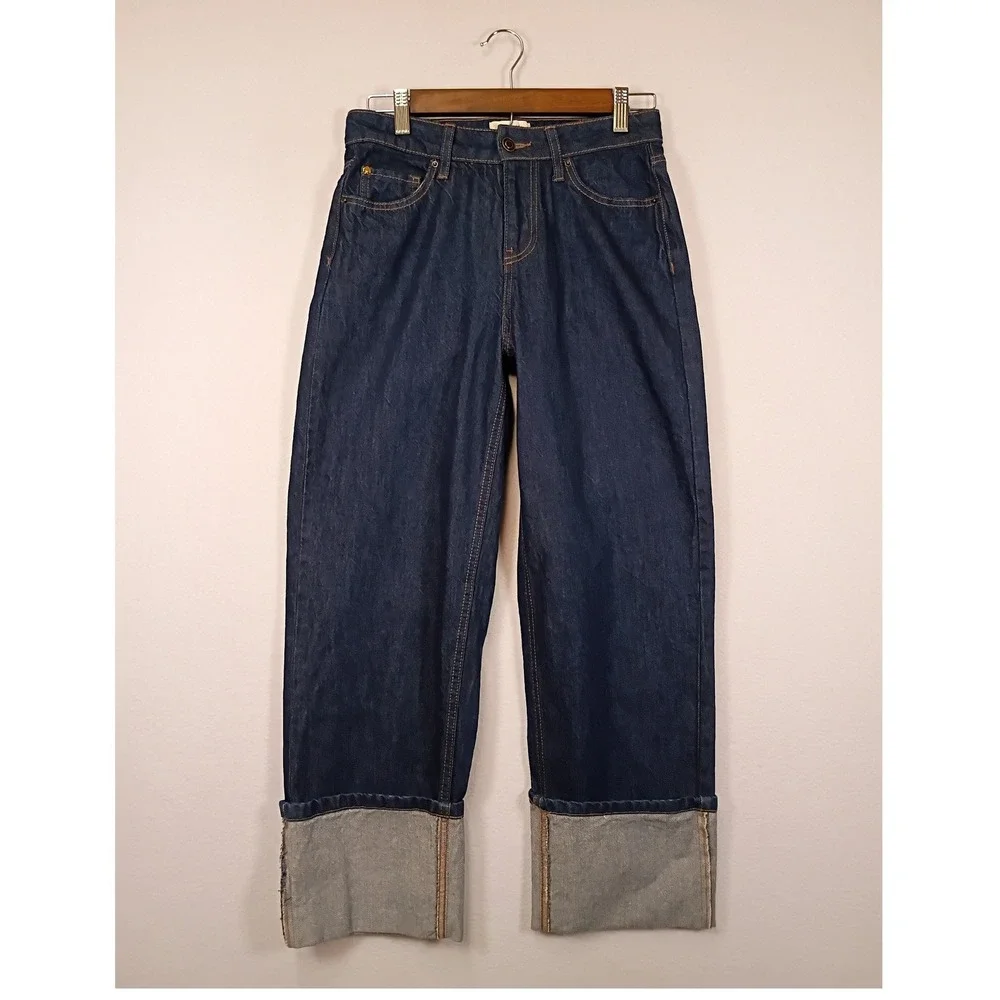 Preppy Kate Spade New York Womens 0 Blue Dark Wash Cuffed Wide Leg Denim Jeans